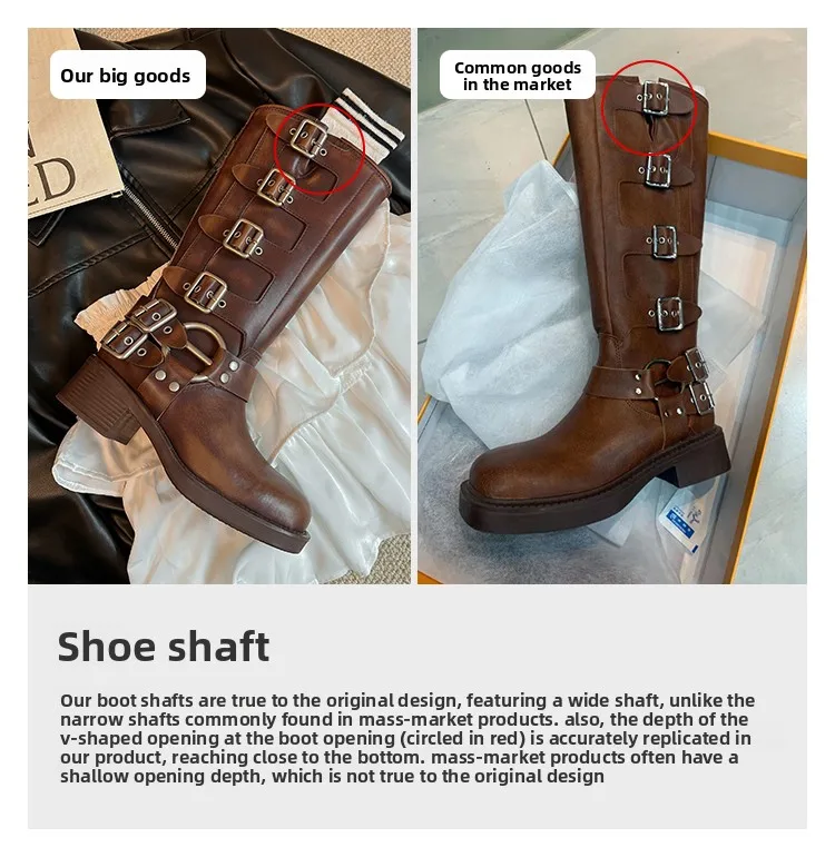 Metal Buckle Square Toe Knee High Boots Women Genuine Leather Leather Punk Long Boots Woman Chunky Heels Motorcycle Booties