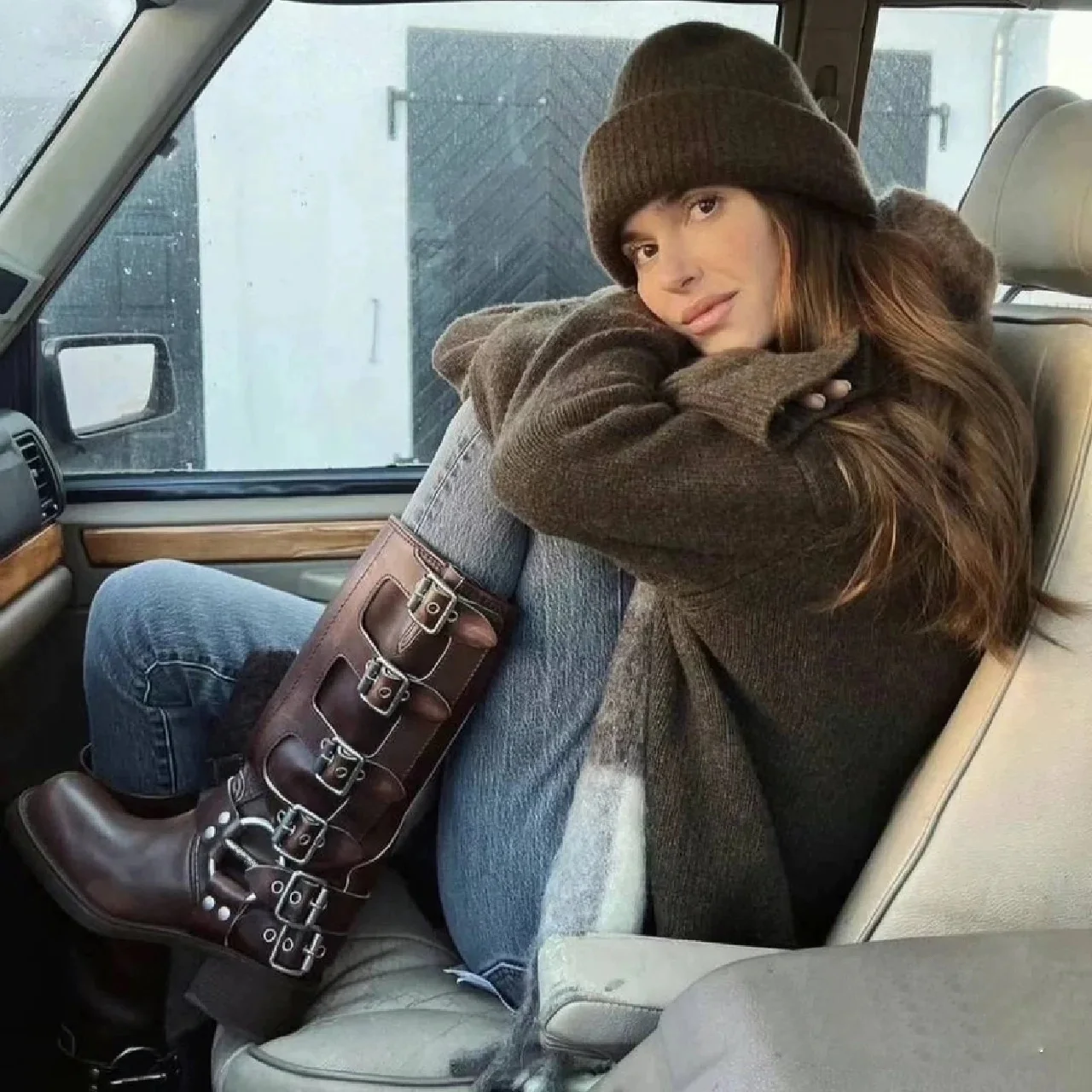 Metal Buckle Square Toe Knee High Boots Women Genuine Leather Leather Punk Long Boots Woman Chunky Heels Motorcycle Booties
