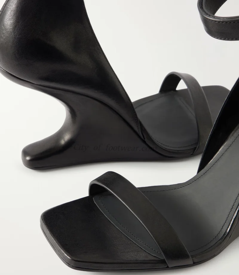 Black leather wedge square toe sandals Women's 2026 new in ankle strap high heels mules luxury designer party shoes on offer