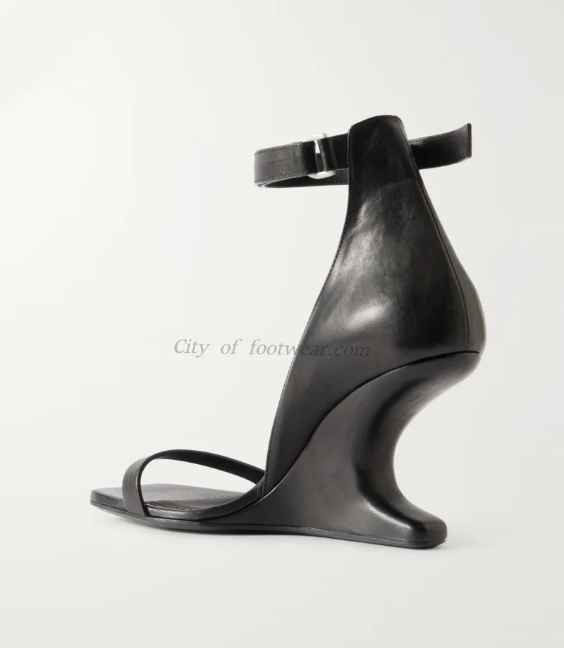 Black leather wedge square toe sandals Women's 2026 new in ankle strap high heels mules luxury designer party shoes on offer