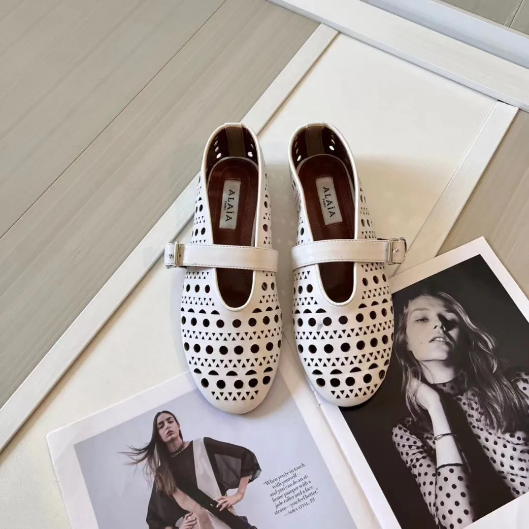 Designer French Luxury Mesh Slip-On Shoes Women High Density T-Strap Patent Leather Edge Trimmed Breathable Pointed-Toe Ballet Mules Flats Summer Sandals