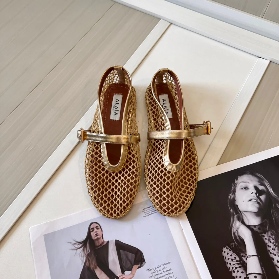 Designer French Luxury Mesh Slip-On Shoes Women High Density T-Strap Patent Leather Edge Trimmed Breathable Pointed-Toe Ballet Mules Flats Summer Sandals