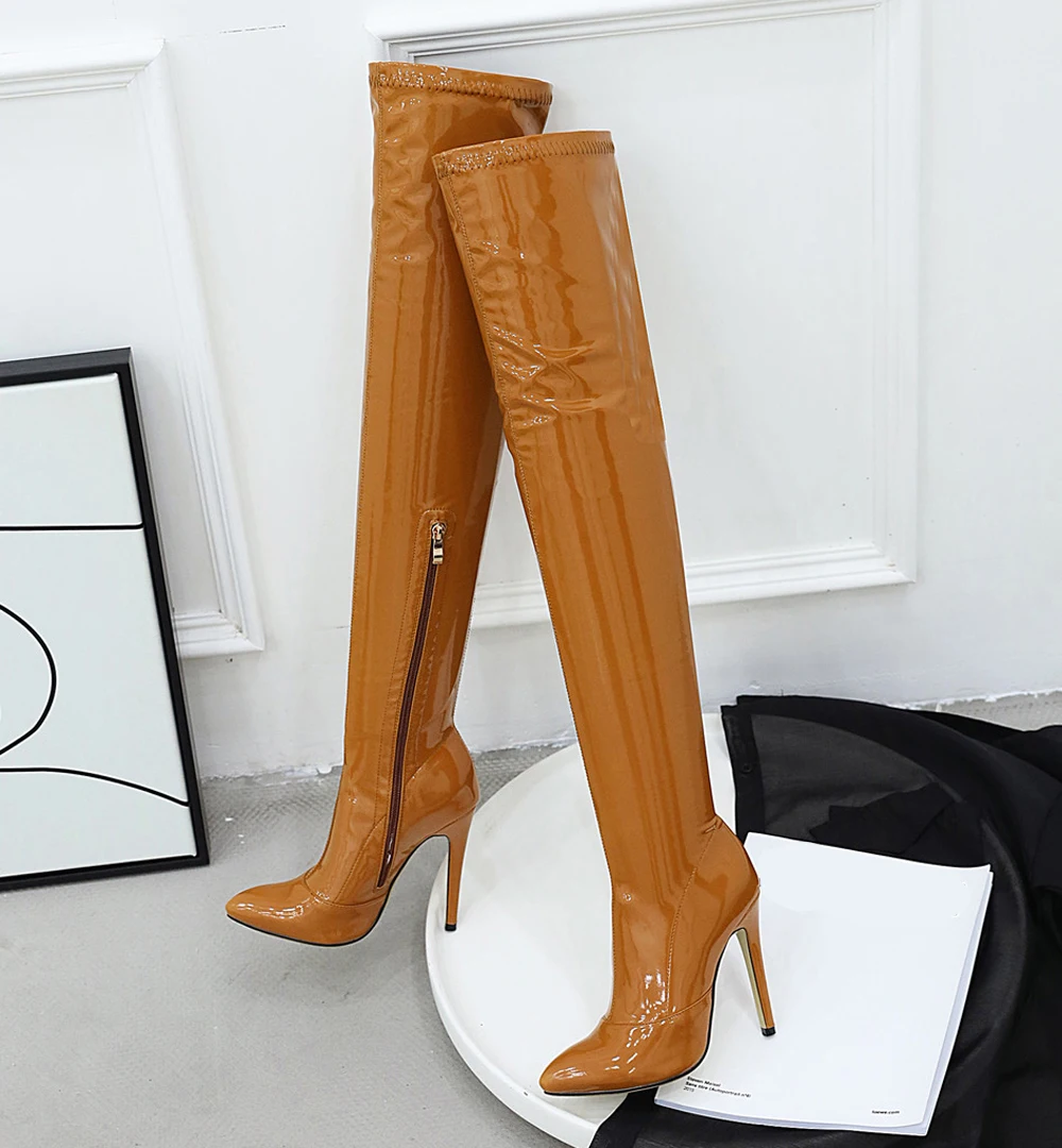 Sgesvier Plus Size 49 Thigh High Boots Women Sexy Patent Leather Stretch Shoes Women Zipper Dance Pole Jazz Slim Long Boots