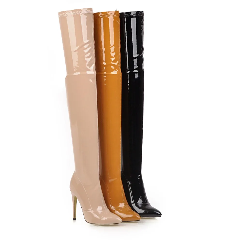 Sgesvier Plus Size 49 Thigh High Boots Women Sexy Patent Leather Stretch Shoes Women Zipper Dance Pole Jazz Slim Long Boots
