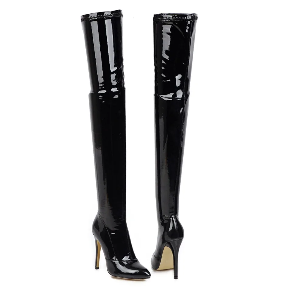 Sgesvier Plus Size 49 Thigh High Boots Women Sexy Patent Leather Stretch Shoes Women Zipper Dance Pole Jazz Slim Long Boots