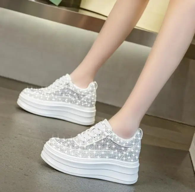 9cm Air Mesh Micrifiber Synthetic Leather Summer Chunky Sneakers Breathable Platform Wedge Women Vulcanize Hollow Shoes