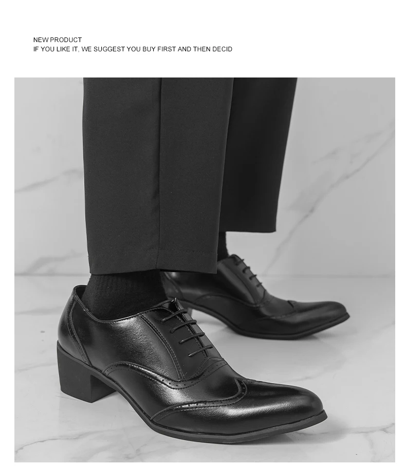 New Style Pointed-Toe Business Formal Leather Shoes for Men - English Style High-Heeled Brogue Trendy Casual Men's Shoes