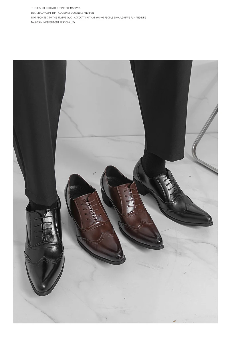 New Style Pointed-Toe Business Formal Leather Shoes for Men - English Style High-Heeled Brogue Trendy Casual Men's Shoes