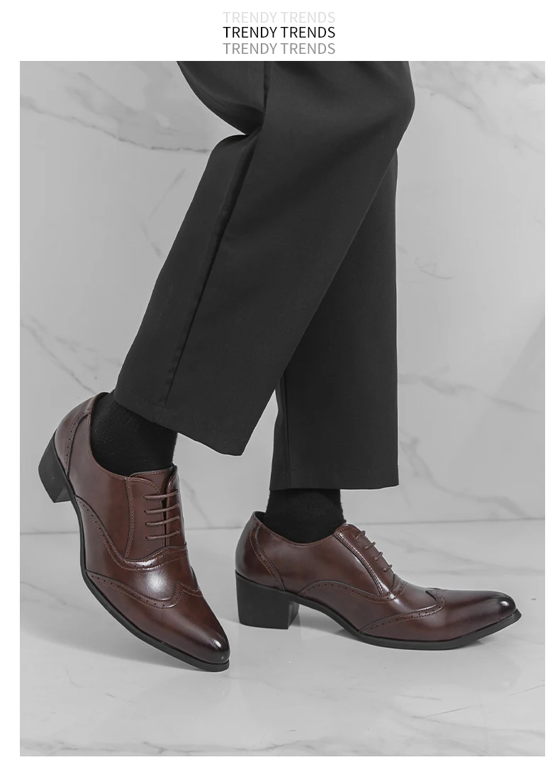 New Style Pointed-Toe Business Formal Leather Shoes for Men - English Style High-Heeled Brogue Trendy Casual Men's Shoes