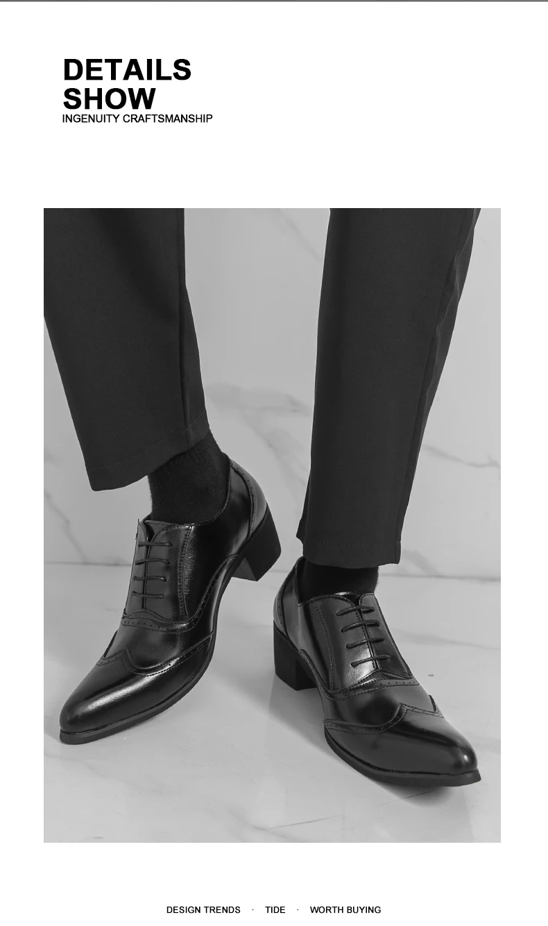 New Style Pointed-Toe Business Formal Leather Shoes for Men - English Style High-Heeled Brogue Trendy Casual Men's Shoes