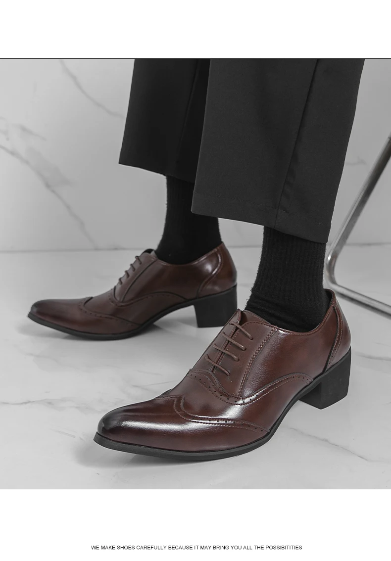 New Style Pointed-Toe Business Formal Leather Shoes for Men - English Style High-Heeled Brogue Trendy Casual Men's Shoes