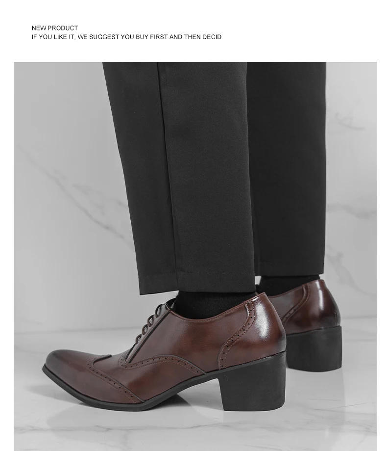 New Style Pointed-Toe Business Formal Leather Shoes for Men - English Style High-Heeled Brogue Trendy Casual Men's Shoes
