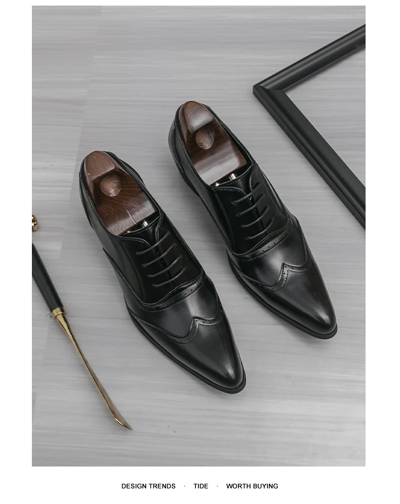 New Style Pointed-Toe Business Formal Leather Shoes for Men - English Style High-Heeled Brogue Trendy Casual Men's Shoes