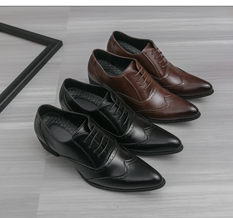 New Style Pointed-Toe Business Formal Leather Shoes for Men - English Style High-Heeled Brogue Trendy Casual Men's Shoes