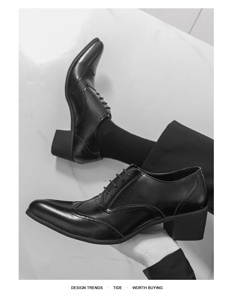 New Style Pointed-Toe Business Formal Leather Shoes for Men - English Style High-Heeled Brogue Trendy Casual Men's Shoes