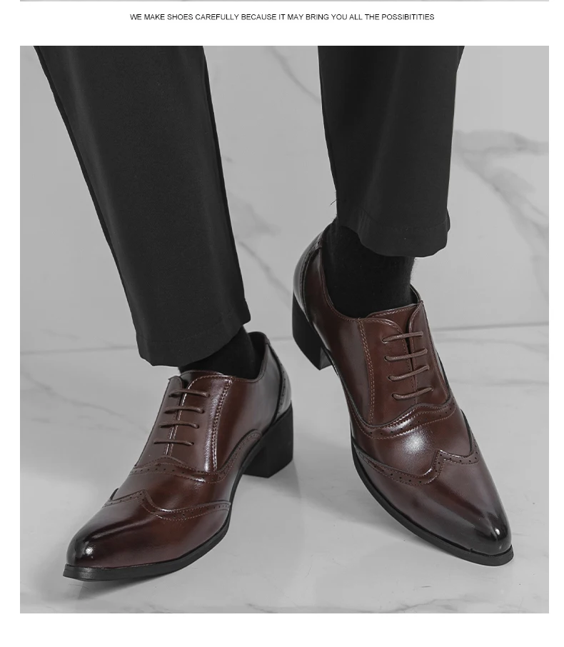 New Style Pointed-Toe Business Formal Leather Shoes for Men - English Style High-Heeled Brogue Trendy Casual Men's Shoes