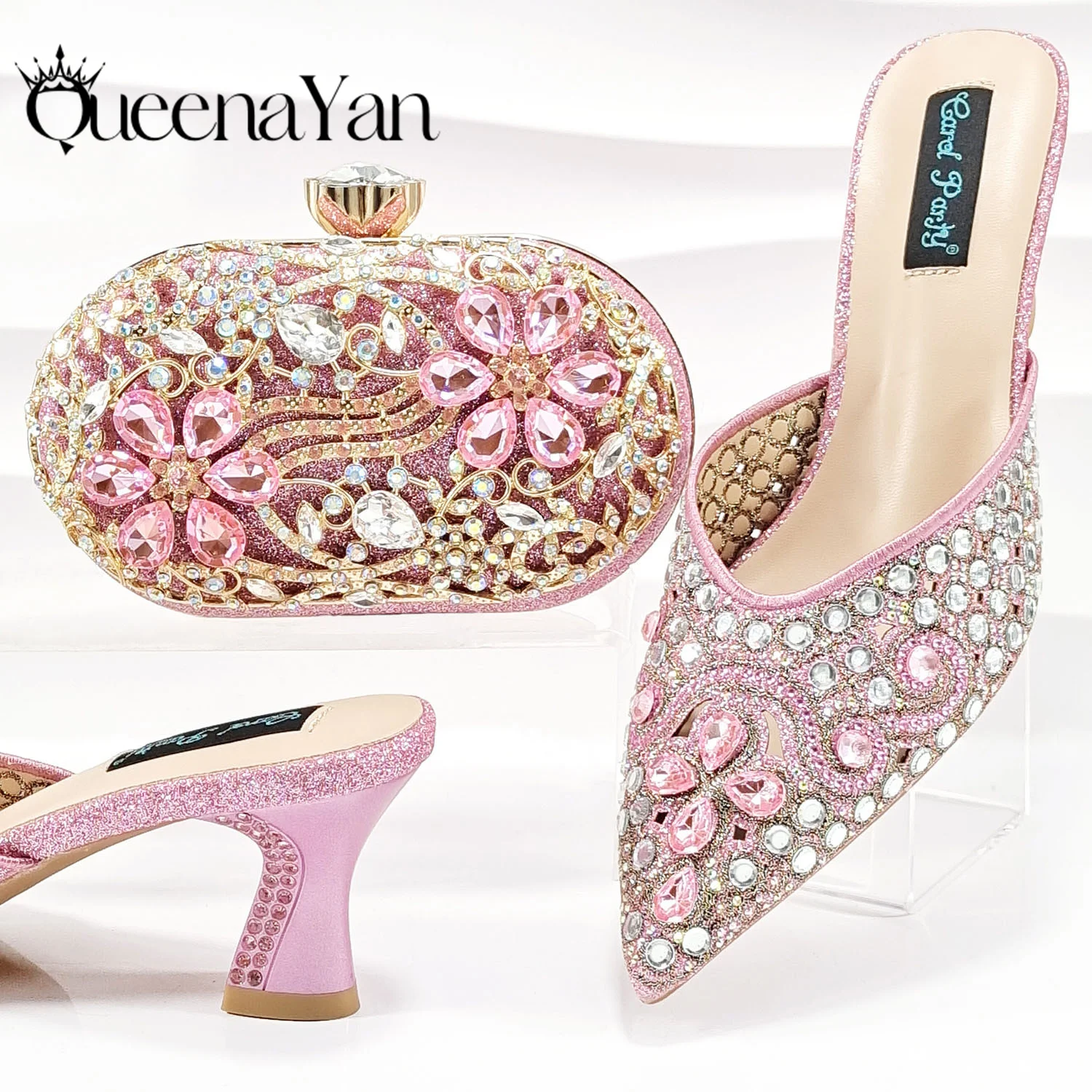QUEENA YAN Luxury Pink Rhinestone Party Shoes and Clutch for Women- Elegant Crystal Heels with Matching Evening Bag