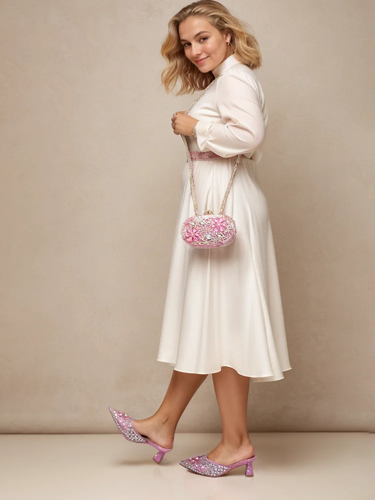 QUEENA YAN Luxury Pink Rhinestone Party Shoes and Clutch for Women- Elegant Crystal Heels with Matching Evening Bag