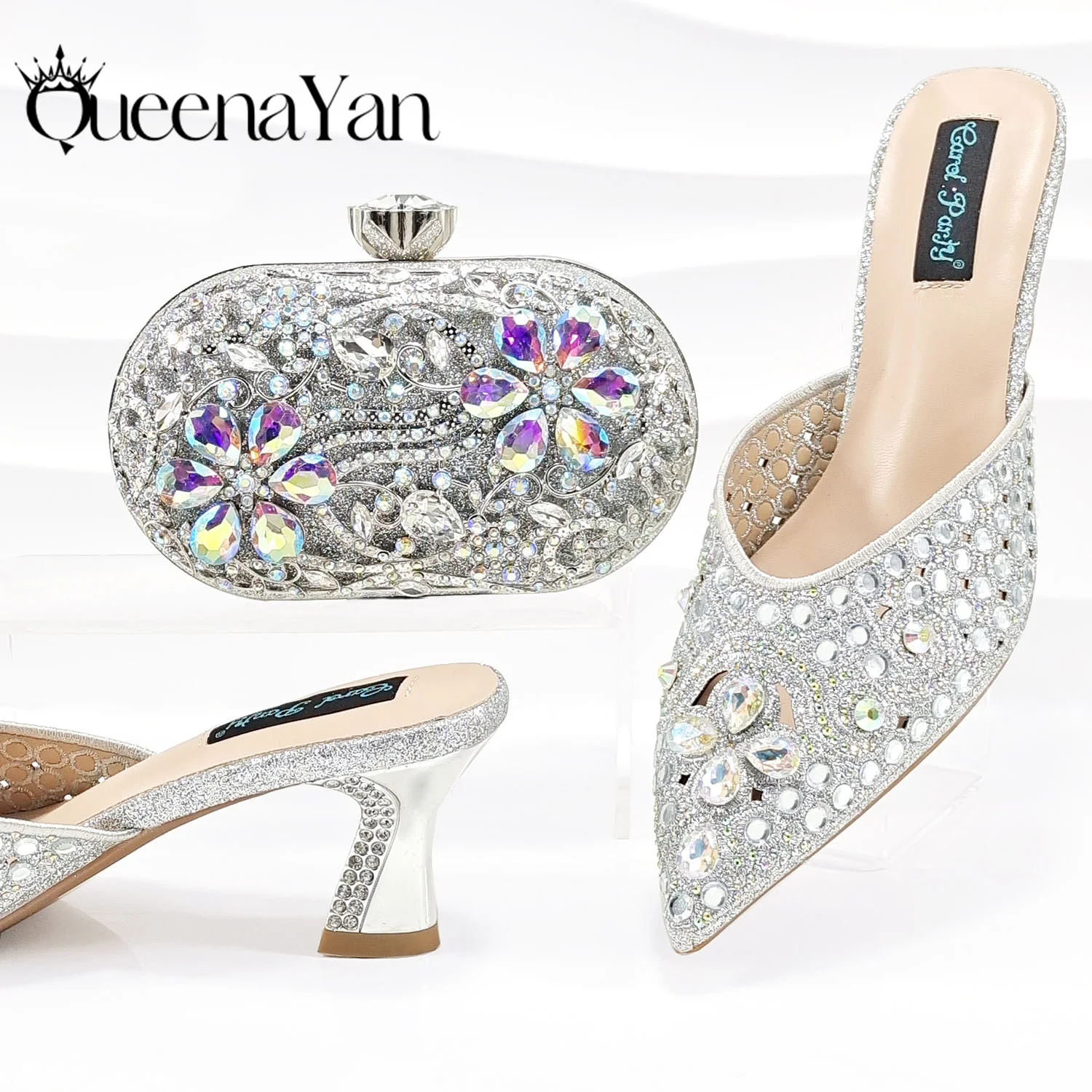 QUEENA YAN Luxury Pink Rhinestone Party Shoes and Clutch for Women- Elegant Crystal Heels with Matching Evening Bag