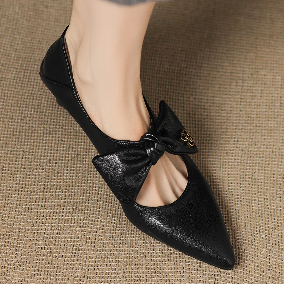 Women's sheepskin pointed toe sweet bowtie slip-on pumps elegant ladies 5cm thin high heel daily slim dress heels shoes woman