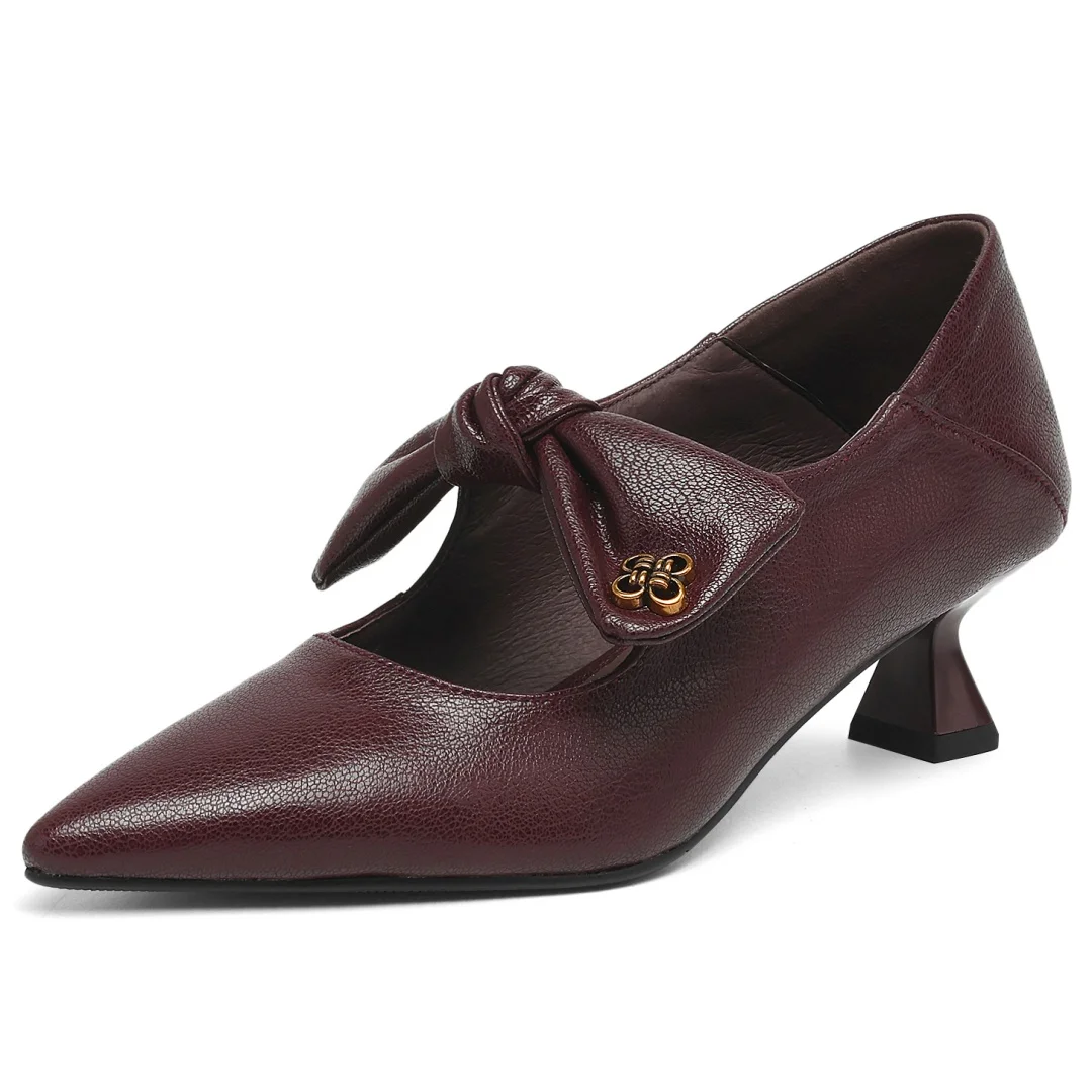 Women's sheepskin pointed toe sweet bowtie slip-on pumps elegant ladies 5cm thin high heel daily slim dress heels shoes woman