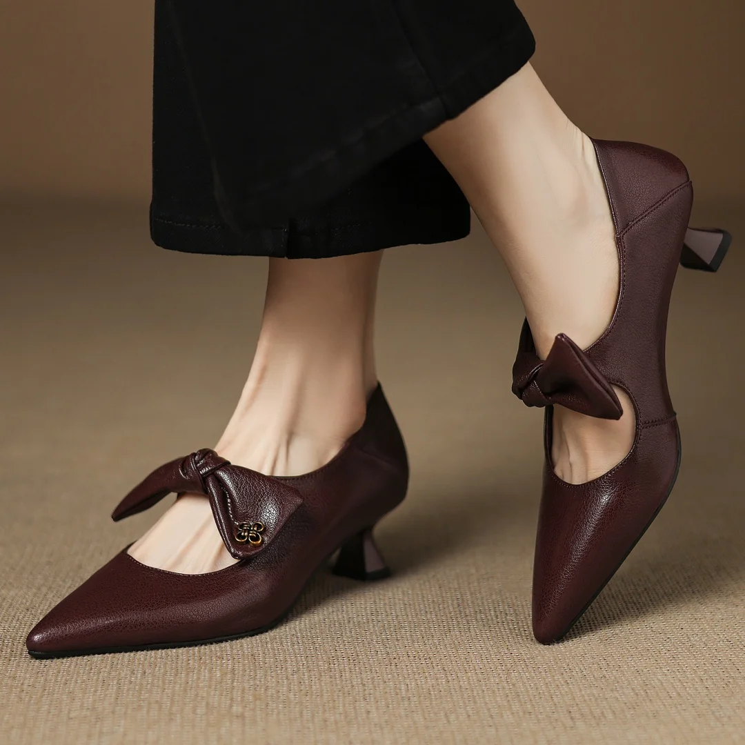 Women's sheepskin pointed toe sweet bowtie slip-on pumps elegant ladies 5cm thin high heel daily slim dress heels shoes woman