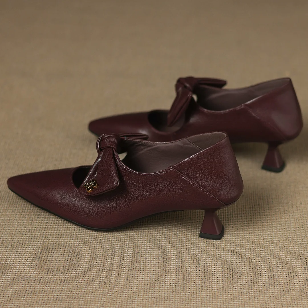Women's sheepskin pointed toe sweet bowtie slip-on pumps elegant ladies 5cm thin high heel daily slim dress heels shoes woman