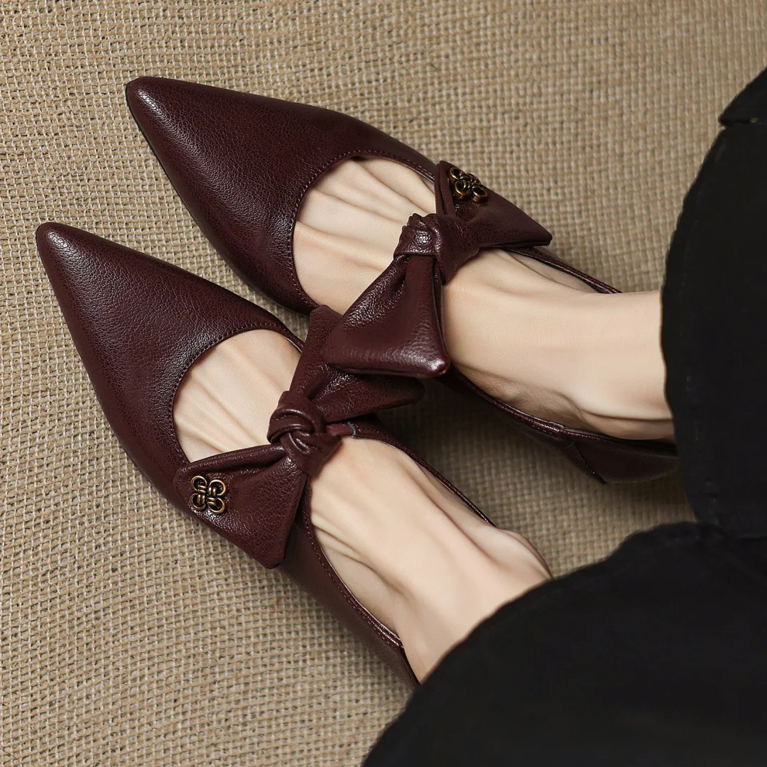 Women's sheepskin pointed toe sweet bowtie slip-on pumps elegant ladies 5cm thin high heel daily slim dress heels shoes woman