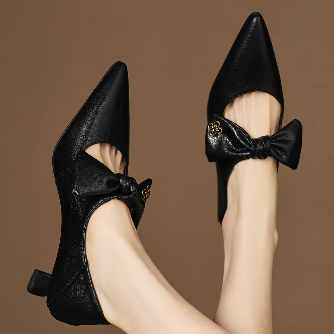 Women's sheepskin pointed toe sweet bowtie slip-on pumps elegant ladies 5cm thin high heel daily slim dress heels shoes woman