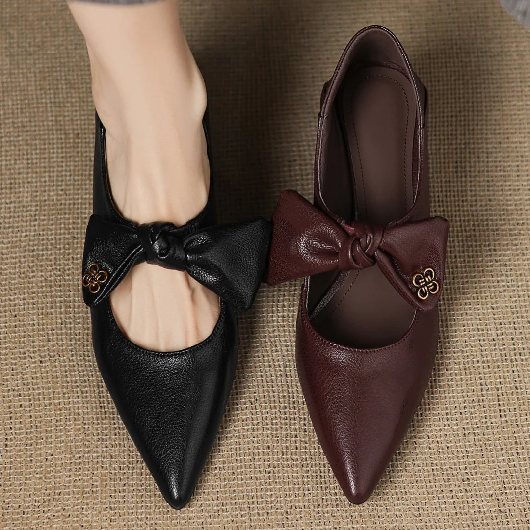 Women's sheepskin pointed toe sweet bowtie slip-on pumps elegant ladies 5cm thin high heel daily slim dress heels shoes woman