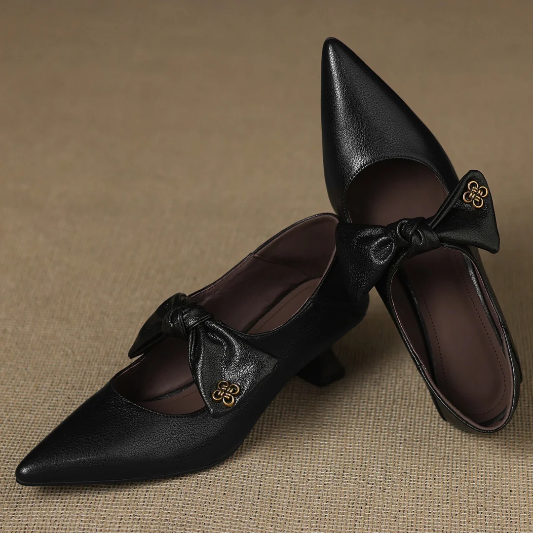 Women's sheepskin pointed toe sweet bowtie slip-on pumps elegant ladies 5cm thin high heel daily slim dress heels shoes woman