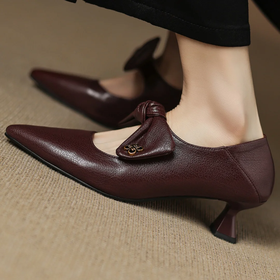 Women's sheepskin pointed toe sweet bowtie slip-on pumps elegant ladies 5cm thin high heel daily slim dress heels shoes woman