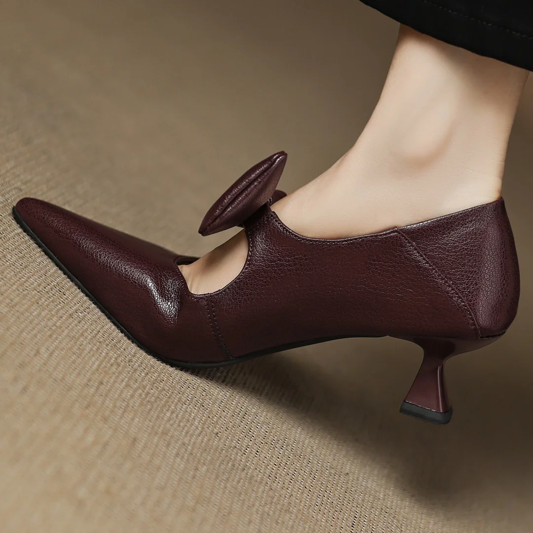 Women's sheepskin pointed toe sweet bowtie slip-on pumps elegant ladies 5cm thin high heel daily slim dress heels shoes woman