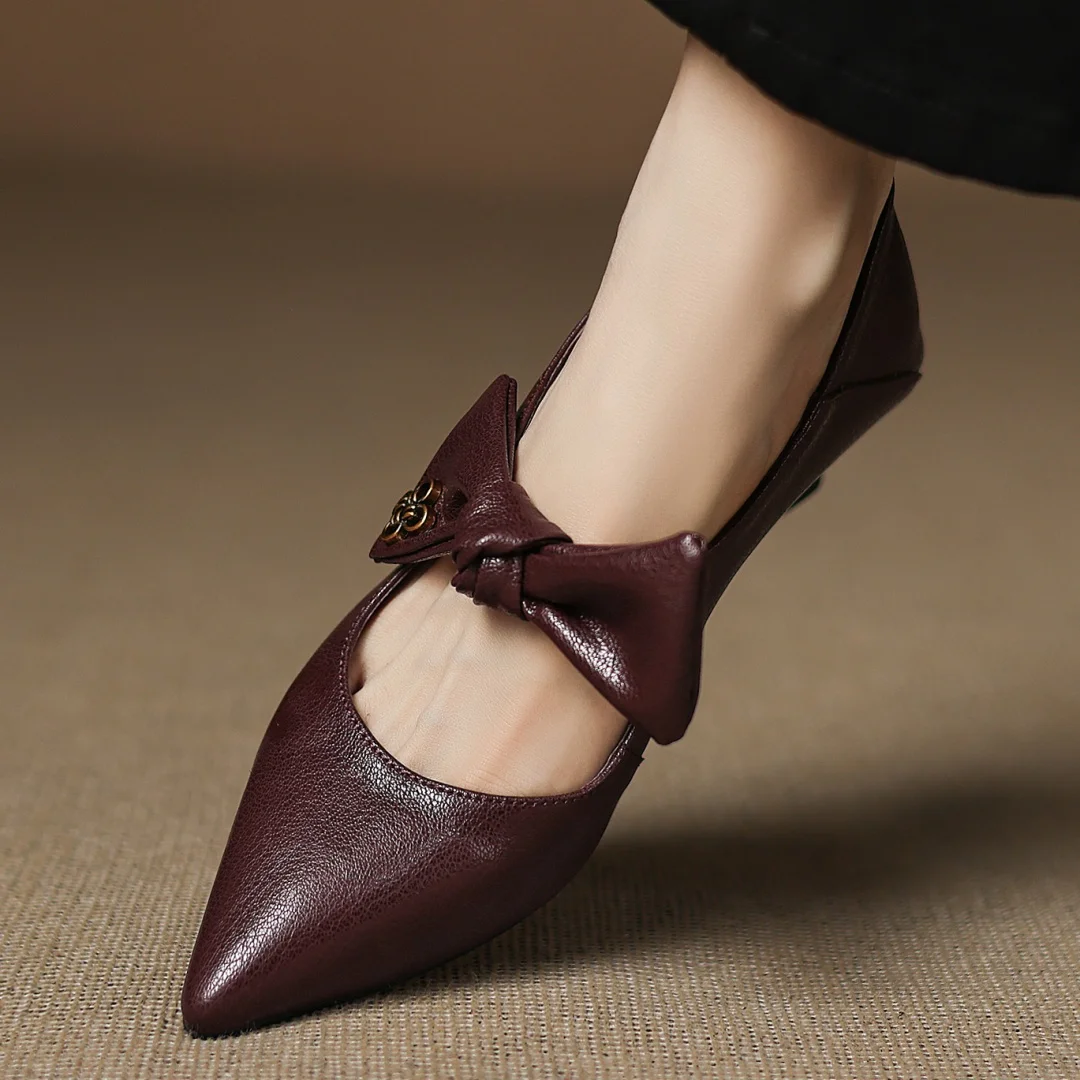 Women's sheepskin pointed toe sweet bowtie slip-on pumps elegant ladies 5cm thin high heel daily slim dress heels shoes woman
