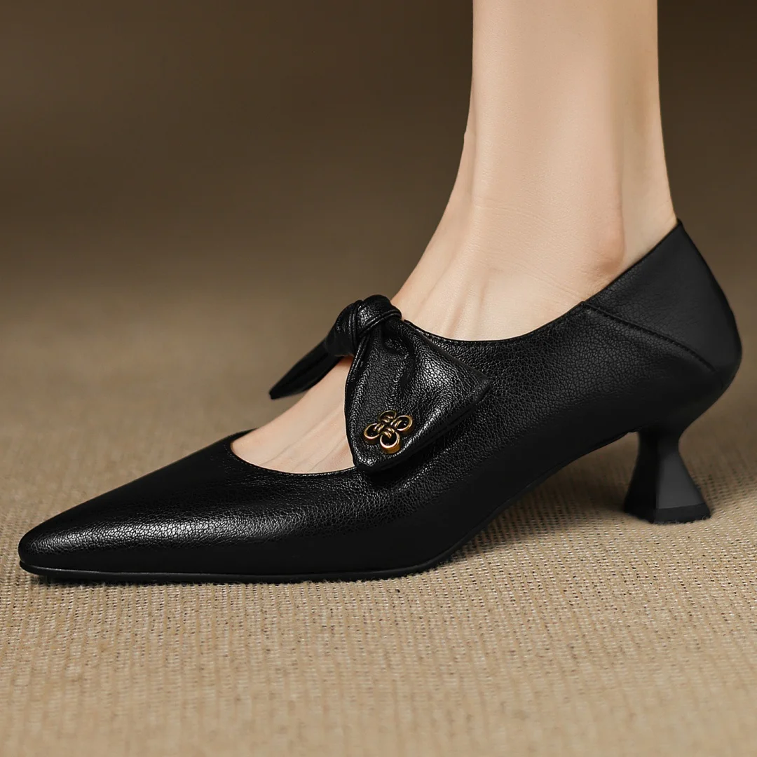 Women's sheepskin pointed toe sweet bowtie slip-on pumps elegant ladies 5cm thin high heel daily slim dress heels shoes woman
