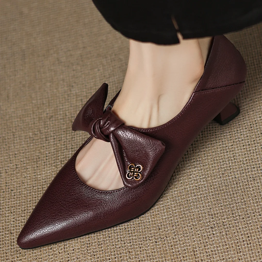 Women's sheepskin pointed toe sweet bowtie slip-on pumps elegant ladies 5cm thin high heel daily slim dress heels shoes woman