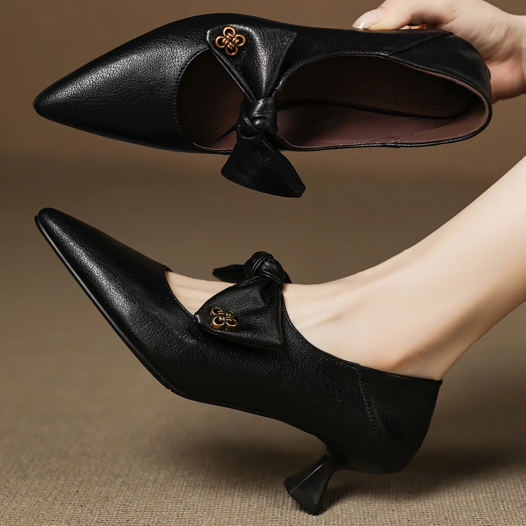 Women's sheepskin pointed toe sweet bowtie slip-on pumps elegant ladies 5cm thin high heel daily slim dress heels shoes woman