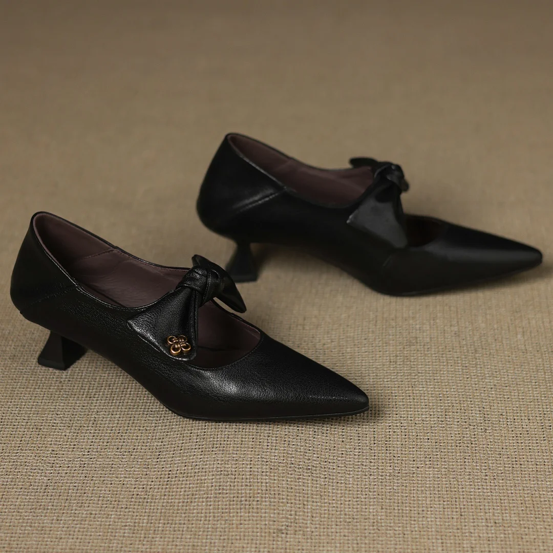 Women's sheepskin pointed toe sweet bowtie slip-on pumps elegant ladies 5cm thin high heel daily slim dress heels shoes woman