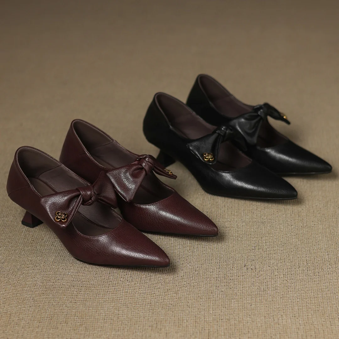 Women's sheepskin pointed toe sweet bowtie slip-on pumps elegant ladies 5cm thin high heel daily slim dress heels shoes woman
