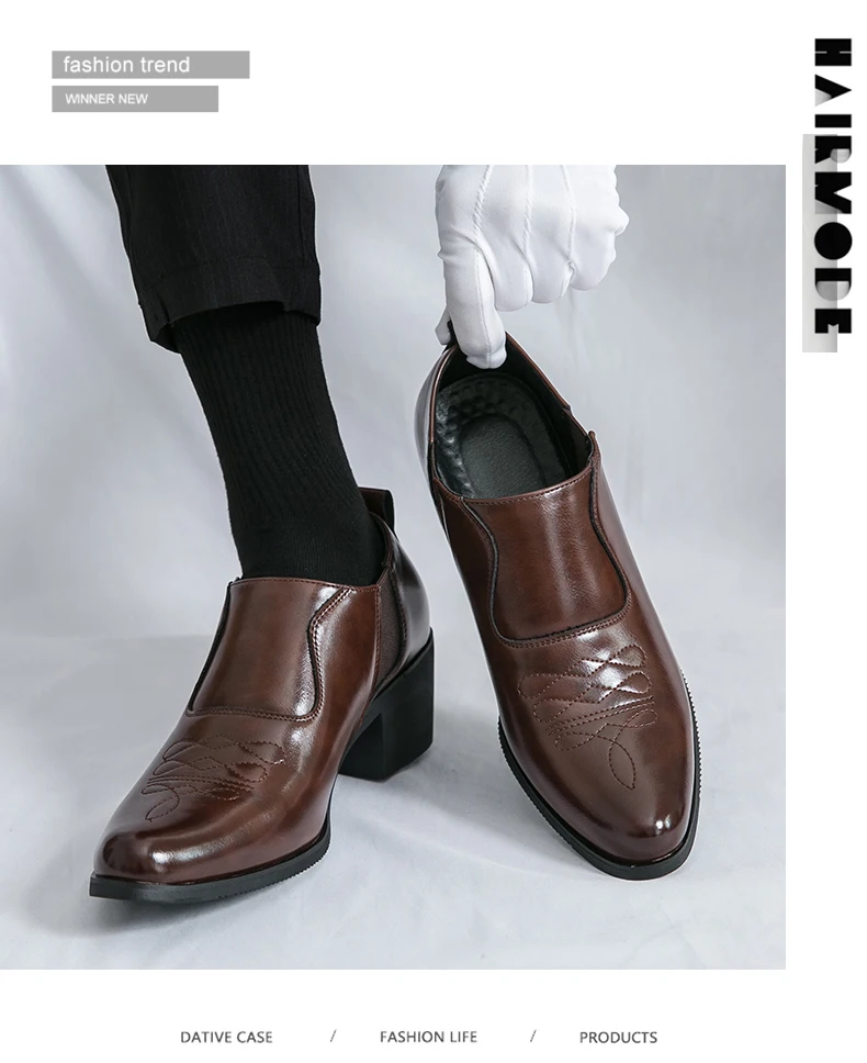 British Thick High Heeled 6CM Dress Leather Shoes Men High Quality Casual Business Shoes For Men Platform Social Wedding Shoes