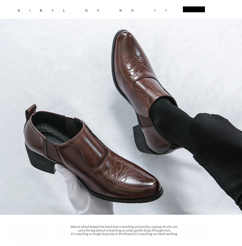 British Thick High Heeled 6CM Dress Leather Shoes Men High Quality Casual Business Shoes For Men Platform Social Wedding Shoes