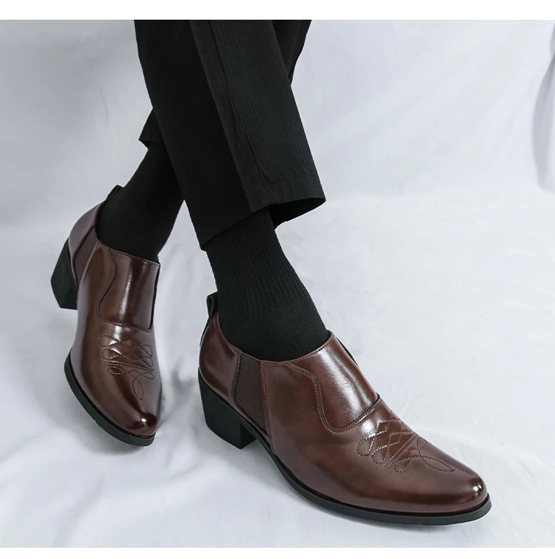 British Thick High Heeled 6CM Dress Leather Shoes Men High Quality Casual Business Shoes For Men Platform Social Wedding Shoes