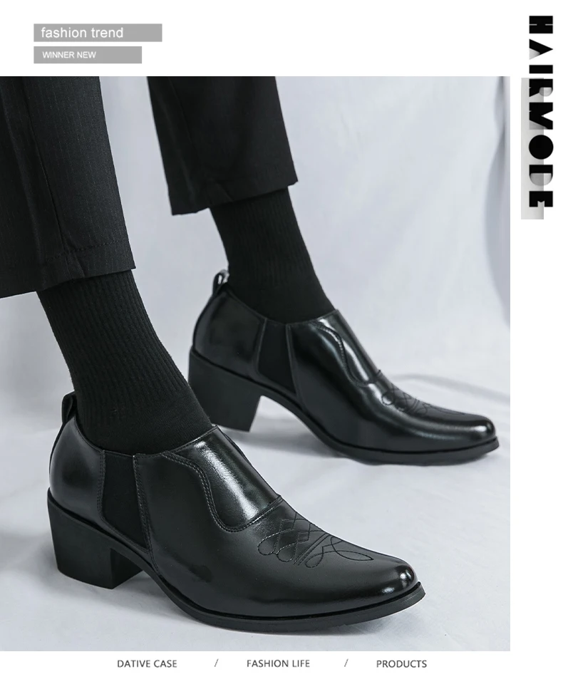British Thick High Heeled 6CM Dress Leather Shoes Men High Quality Casual Business Shoes For Men Platform Social Wedding Shoes