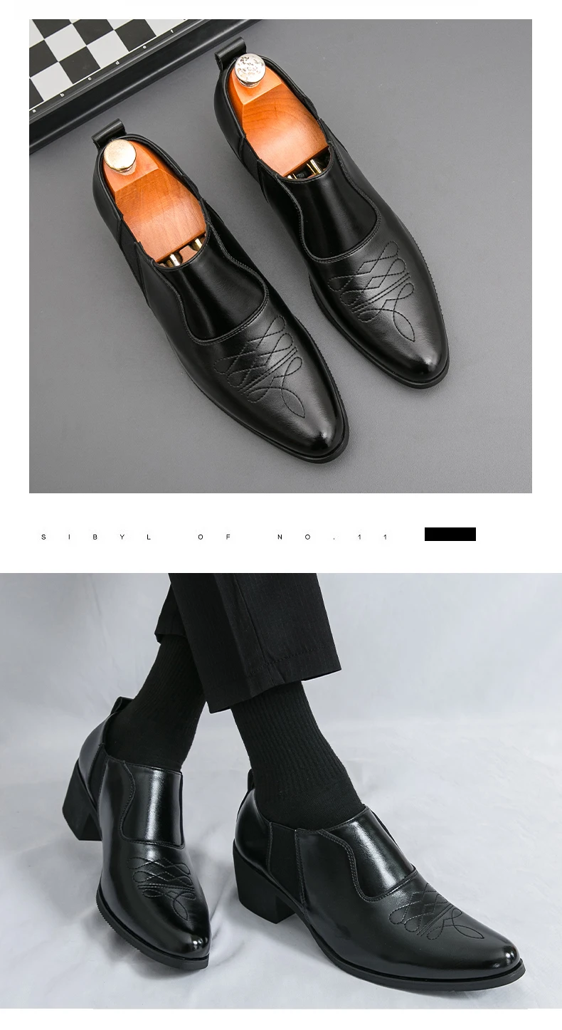 British Thick High Heeled 6CM Dress Leather Shoes Men High Quality Casual Business Shoes For Men Platform Social Wedding Shoes
