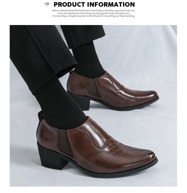 British Thick High Heeled 6CM Dress Leather Shoes Men High Quality Casual Business Shoes For Men Platform Social Wedding Shoes