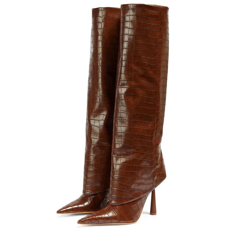 Aneikeh Fashion Pointed Toe Design Women Knee-High Boots Thin High Heels Shoes Autumn Winter Ladies Long Booties