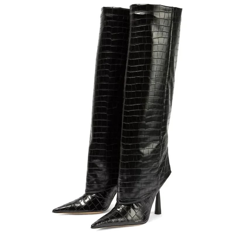 Aneikeh Fashion Pointed Toe Design Women Knee-High Boots Thin High Heels Shoes Autumn Winter Ladies Long Booties
