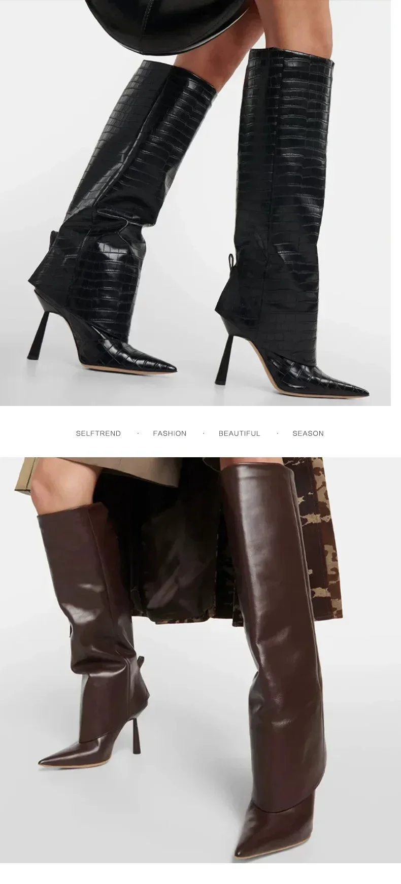 Aneikeh Fashion Pointed Toe Design Women Knee-High Boots Thin High Heels Shoes Autumn Winter Ladies Long Booties