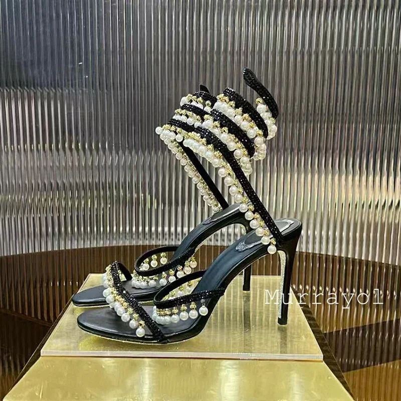 Ankle Snake Shaped Strap Gladiaror Sandals Women Rhinestone Tassels Decor Thin High Heels Sandalias Summer Party Dress Shoes