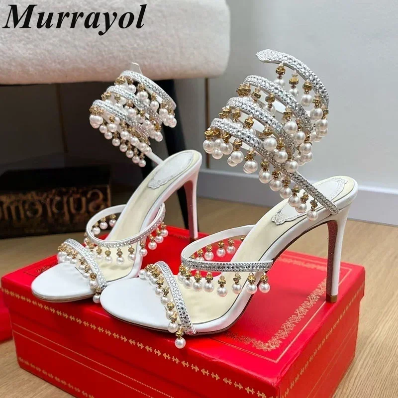 Ankle Snake Shaped Strap Gladiaror Sandals Women Rhinestone Tassels Decor Thin High Heels Sandalias Summer Party Dress Shoes